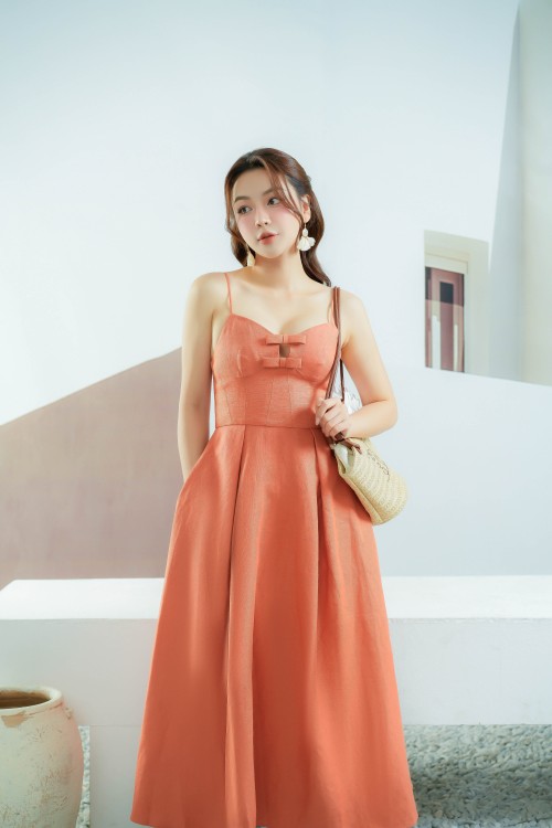 Sixdo Salmon Strappy Midi Linen Dress